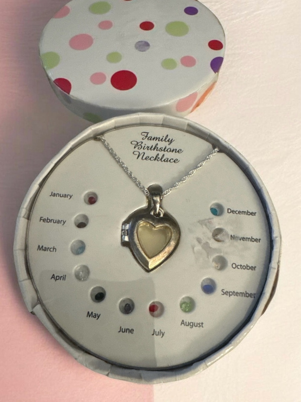 Silver Heart Family Birthstone Necklace with Cream Accent